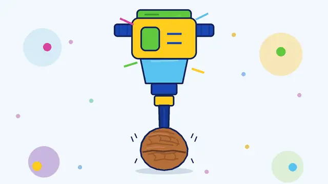 Cartoon jackhammer bouncing over a walnut
